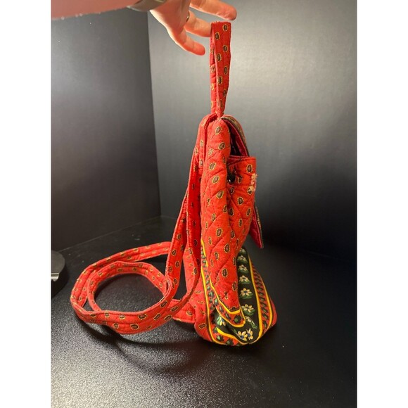 Vintage Red Quilted Cotton Backpack Purse Folk Floral Drawstring Tote Bag 13" - Picture 4 of 9